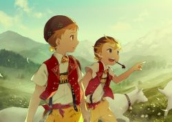 Rule 34 | 2boys, animal, arm grab, blonde hair, blue eyes, brown eyes, brown headwear, cloud, collared shirt, commentary request, earrings, field, goat, hat, jewelry, male focus, mountain, multiple boys, noeyebrow (mauve), open mouth, orange hair, original, pants, pointing, pointing forward, red vest, shirt, short sleeves, sky, smile, suspenders, swiss clothes, switzerland, vest, white shirt, wind, wing collar, yellow pants