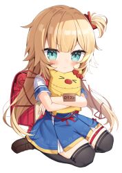 Rule 34 | &gt; &lt;, 1girl, akai haato, akai haato (1st costume), alpha transparency, backpack, bag, black socks, blonde hair, blue dress, blue eyes, blush, brown footwear, child, closed mouth, dot nose, dress, frown, highres, hololive, hugging object, loafers, long bangs, long hair, looking at viewer, noi mine, one side up, over-kneehighs, pleated dress, randoseru, school uniform, shoes, short sleeves, sidelocks, skindentation, socks, solo, stuffed animal, stuffed cat, stuffed toy, thigh strap, thighhighs, v-shaped eyebrows, virtual youtuber