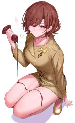 Rule 34 | 1girl, absurdres, arm rest, bad id, bad twitter id, blouse, brown hair, chocolate, chocolate on body, chocolate on legs, clenched hand, collarbone, earrings, food on body, hair between eyes, hair ornament, hairclip, high heels, highres, higuchi madoka, icing, idolmaster, idolmaster shiny colors, jewelry, long sleeves, looking at viewer, miniskirt, mole, mole under eye, parted lips, purple eyes, shirt, sigh, skirt, squatting, thighs, ulrich (tagaragakuin), yellow footwear, yellow shirt, yellow skirt