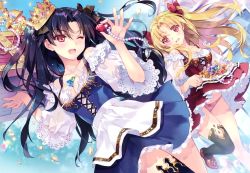Rule 34 | 2girls, absurdres, apron, bare shoulders, between breasts, black hair, black legwear, blonde hair, blue sky, blush, bow, breasts, carnelian, chalice, coin, collarbone, crown, cup, day, detached sleeves, dress, ereshkigal (fate), fate/grand order, fate (series), gem, gold, gold coin, hair bow, hair ornament, highres, huge filesize, ishtar (fate), jewelry, leg up, medium breasts, multiple girls, necklace, one eye closed, open mouth, outdoors, panties, pearl necklace, red eyes, scan, shiny skin, short dress, short sleeves, siblings, single thighhigh, sisters, sky, thighhighs, treasure, treasure chest, underwear, waist apron