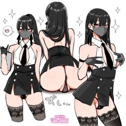 Rule 34 | 1boy, armband, artist name, ass, black hair, bulge, collarbone, contrapposto, covered anus, covered erect nipples, crotch seam, g-string, gloves, halterneck, heart, highres, long hair, looking at viewer, mask, nagano rira, necktie, original, pinky out, ponytail, shoulder blades, simple background, sitting, solo, spoken heart, testicles, thighhighs, thong, trap, white background, zettai ryouiki