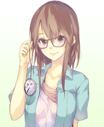 Rule 34 | 1girl, brown eyes, brown hair, glasses, holding, la-na, lace, long hair, looking at viewer, original, pocket watch, roman numeral, simple background, smile, solo, upper body, watch, white background