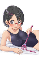 Rule 34 | 1girl, aimobake, bespectacled, black one-piece swimsuit, braid, breasts, rabbit hair ornament, collarbone, competition swimsuit, cowboy shot, glasses, grey eyes, hair ornament, highres, idolmaster, idolmaster cinderella girls, looking at viewer, lying, medium breasts, aged up, on side, one-piece swimsuit, polearm, sasaki chie, simple background, solo, swimsuit, tongue, tongue out, trident, wand, weapon, white background