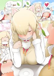 Rule 34 | 10s, 2girls, ?, afterimage, alpaca ears, alpaca suri (kemono friends), animal ear fluff, animal ears, bird wings, black hair, blonde hair, blush, closed eyes, comic, commentary request, cup, frilled sleeves, frills, full-face blush, fur collar, fur trim, gradient hair, hair over one eye, hair tubes, hayashi (l8poushou), head wings, heart, highres, japanese crested ibis (kemono friends), kemono friends, leaf, long sleeves, multi-tied hair, multicolored hair, multiple girls, neck ribbon, no mouth, red hair, ribbon, saliva, short hair, short hair with long locks, speech bubble, tea, teacup, thought bubble, tongue, tongue out, vest, white hair, wings
