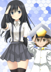 Rule 34 | 1boy, 1girl, arm behind back, arm warmers, asashio (kancolle), black hair, brown eyes, brown hair, commentary request, epaulettes, green eyes, hair between eyes, hat, highres, kantai collection, little boy admiral (kancolle), long hair, long sleeves, military, military hat, military uniform, oversized clothes, peaked cap, pleated skirt, rappa (rappaya), salute, school uniform, short sleeves, skirt, sleeves past wrists, smile, suspenders, thighhighs, uniform, zettai ryouiki