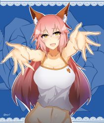 Rule 34 | 1girl, :d, animal ears, bare arms, bare shoulders, blue background, blush, breasts, cleavage, commentary request, fang, fate/grand order, fate (series), fox ears, hair between eyes, highres, large breasts, long hair, looking at viewer, midriff, myumi, navel, open mouth, out-of-frame censoring, outstretched arms, pink hair, reaching, reaching towards viewer, shirt, smile, solo, tamamo no mae (fate/extra), twitter username, upper body, white shirt, yellow eyes