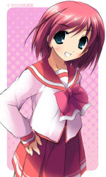 Rule 34 | 00s, 1girl, blue eyes, blush, clenched teeth, cowboy shot, grin, hand on own hip, hip focus, kantoku, long sleeves, looking at viewer, pink hair, pleated skirt, red skirt, reona (to heart 2), school uniform, serafuku, short hair, skirt, smile, solo, teeth, to heart (series), to heart 2