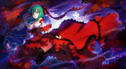 Rule 34 | 1girl, adapted costume, bare shoulders, black gloves, black thighhighs, breasts, cleavage, dress, female focus, fingerless gloves, front ponytail, garter straps, gloves, gradient background, green eyes, green hair, hair ribbon, high heels, kagiyama hina, lantern, large breasts, long hair, looking at viewer, magical girl, matching hair/eyes, ribbon, smile, solo, staff, thighhighs, touhou, zimajiang