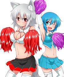 Rule 34 | 2girls, animal ears, arm up, armpits, bad id, bad pixiv id, blue eyes, blue hair, blush, breasts, cheerleader, cleavage, cleavage cutout, clothing cutout, front-tie top, groin, highres, inubashiri momiji, large breasts, looking at viewer, midriff, miniskirt, multiple girls, navel, no headwear, one eye closed, open mouth, pom pom (cheerleading), red eyes, shiny skin, short hair, silver hair, simple background, skindentation, skirt, sumiya nadateru, tail, tatara kogasa, thighhighs, touhou, white background, white legwear, wolf ears, wolf tail
