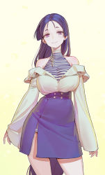 Rule 34 | 1girl, alternate costume, arms at sides, bare shoulders, blouse, breasts, buttons, choker, closed mouth, contrapposto, cowboy shot, fate/grand order, fate (series), gradient background, hair between eyes, halterneck, high-waist skirt, highres, hip focus, large breasts, long hair, long sleeves, looking at viewer, minamoto no raikou (fate), off shoulder, parted bangs, purple eyes, purple hair, purple skirt, ribbon choker, shirt, side slit, simple background, skirt, sleeves past wrists, smile, solo, striped clothes, striped shirt, thighs, timbougami, turtleneck, undershirt, very long hair, wide sleeves