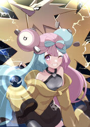 Rule 34 | 1girl, absurdres, blush, character hair ornament, commentary request, creatures (company), electricity, eyelashes, game freak, gen 1 pokemon, green hair, grey shirt, grin, hair ornament, haru (haruxxe), highres, iono (pokemon), jacket, legendary pokemon, long hair, looking at viewer, multicolored hair, nintendo, one eye closed, pink hair, pokemon, pokemon (creature), pokemon sv, shirt, sleeveless, sleeveless shirt, smile, star (symbol), star print, teeth, tera orb, two-tone hair, yellow jacket, zapdos