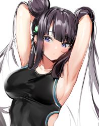 Rule 34 | 1girl, absurdres, armpits, arms behind head, arms up, bare shoulders, black one-piece swimsuit, blue eyes, blush, breasts, double bun, fate/grand order, fate (series), hair bun, hair ornament, highres, leaf hair ornament, long hair, looking at viewer, medium breasts, one-piece swimsuit, purple hair, revision, sideboob, sidelocks, silver (chenwen), simple background, solo, swimsuit, twintails, upper body, very long hair, white background, yang guifei (fate)