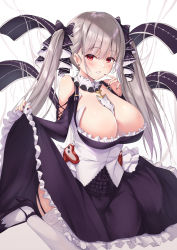 Rule 34 | 1girl, azur lane, bare shoulders, between breasts, black nails, blush, bow, breasts, clothing cutout, commentary, commentary request, dress, earrings, fingernails, formidable (azur lane), frilled dress, frills, hair bow, hair ornament, hand up, high heels, highres, holding, itaba atsushi, jewelry, large breasts, long dress, long hair, looking at viewer, maid, nail polish, parted lips, red eyes, shiny skin, shoulder cutout, silver hair, simple background, skirt hold, smile, thighhighs, twintails, white thighhighs