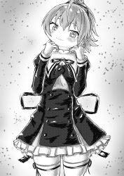 Rule 34 | 1girl, absurdres, ahoge, andou tazusa, ao daidai ki, assault lily, blush, buttons, closed mouth, commentary, cowboy shot, cropped jacket, frilled skirt, frills, gradient background, grey background, greyscale, hair between eyes, hair ribbon, halftone, hands up, head tilt, high-waist skirt, high ponytail, highres, jewelry, juliet sleeves, long sleeves, looking at viewer, miniskirt, monochrome, neck ribbon, ponytail, puffy sleeves, ribbon, ring, school uniform, shirt, short hair, skirt, smile, solo, standing, thighhighs, yurigaoka girls academy school uniform, zettai ryouiki