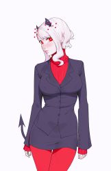 Rule 34 | 1girl, arms at sides, black jacket, black skirt, blush, breasts, commentary, cowboy shot, demon girl, demon horns, demon tail, english commentary, formal, heart, heart-shaped pupils, helltaker, horns, jacket, lips, long sleeves, looking at viewer, miniskirt, modeus (helltaker), neozumi, pantyhose, pencil skirt, red eyes, red pantyhose, red sweater, ribbed sweater, short hair with long locks, sidelocks, simple background, skirt, skirt set, solo, sweater, symbol-shaped pupils, tail, thigh gap, turtleneck, white background, white hair