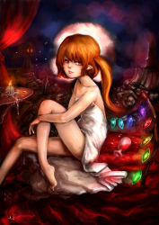Rule 34 | 1girl, absurdres, alternate costume, bare legs, barefoot, broken, broken sword, broken weapon, candle, cup, curtains, drinking glass, expressionless, flandre scarlet, for the flandre, glowing, highres, knee up, hugging own legs, lips, looking at viewer, naked towel, orange hair, planted sword, planted, pointy ears, realistic, red eyes, ruins, short hair, side ponytail, solo, statue, stone lantern, sword, table, touhou, towel, weapon, wine glass, wings