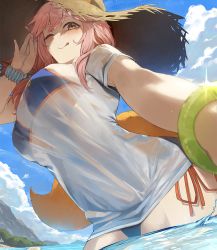 Rule 34 | 1girl, :q, bikini, blue bikini, blush, breasts, closed mouth, commentary request, fate/grand order, fate (series), fox girl, from below, hand up, hat, large breasts, large hat, long hair, looking at viewer, neshia (tsaqif0309), one eye closed, outdoors, partially submerged, pink hair, shirt, short sleeves, smile, straw hat, swimsuit, tamamo (fate), tamamo no mae (fate/extra), tamamo no mae (swimsuit lancer) (fate), tamamo no mae (swimsuit lancer) (second ascension) (fate), tongue, tongue out, water, white shirt, yellow eyes