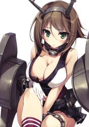 Rule 34 | 10s, 1girl, :&lt;, absurdres, between thighs, blush, breasts, brown hair, cannon, cleavage, covering privates, covering crotch, female focus, gloves, green eyes, hair between eyes, headgear, highres, kantai collection, karory, large breasts, leg up, matches, mecha musume, midriff, miniskirt, mutsu (kancolle), navel, pleated skirt, red socks, scan, short hair, simple background, sitting, skirt, socks, solo, sweat, turret, white gloves