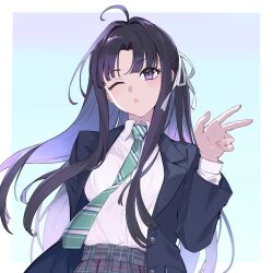 Rule 34 | 1girl, absurdres, ahoge, awa subaru, black hair, blazer, blue jacket, border, collared shirt, commentary, cowboy shot, diagonal-striped clothes, diagonal-striped necktie, dress shirt, floating hair, girls band cry, green necktie, grey skirt, hair ribbon, highres, jacket, long hair, long sleeves, looking at viewer, necktie, one eye closed, open clothes, open jacket, open mouth, outside border, parted bangs, plaid, plaid skirt, pleated skirt, purple eyes, realmbw, ribbon, school uniform, shirt, shirt tucked in, sidelocks, skirt, solo, striped clothes, w, white border, white ribbon, white shirt