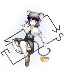 Rule 34 | 1girl, animal ears, bad id, bad pixiv id, basket, capelet, dowsing rod, female focus, full body, grey hair, highres, jewelry, loafers, mouse (animal), mouse ears, mouse tail, nazrin, pendant, r009085, shiki shaku, shoes, simple background, solo, tail, thighhighs, touhou, white thighhighs