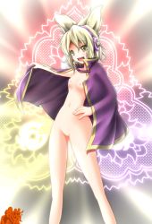 Rule 34 | 1girl, afterglow, bad id, bad pixiv id, blonde hair, breasts, cape, earmuffs, evandragon, gaijin 4koma (meme), headphones, meme, naked cape, nipples, no pussy, nude, small breasts, solo, touhou, toyosatomimi no miko, yellow eyes