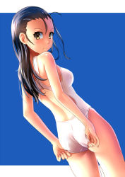 Rule 34 | 1girl, adjusting clothes, adjusting swimsuit, ass, bare shoulders, black hair, blue background, blush, breasts, brown eyes, competition swimsuit, cowboy shot, dutch angle, forehead, from behind, katahira masashi, long hair, looking at viewer, looking back, one-piece swimsuit, original, outside border, simple background, solo, standing, swimsuit, thighs, white one-piece swimsuit