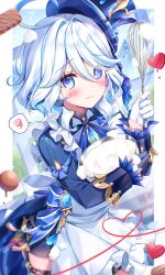 Rule 34 | 1girl, absurdres, ahoge, amaki ruto, apron, asymmetrical gloves, black gloves, blue eyes, blue gemstone, blue hair, blue hat, blush, closed mouth, drop-shaped pupils, furina (genshin impact), gem, genshin impact, gloves, hair between eyes, half gloves, hat, heart, highres, holding, long sleeves, looking at viewer, mismatched pupils, multicolored hair, short hair, solo, sweat, symbol-shaped pupils, top hat, vision (genshin impact), white apron, white gloves, white hair