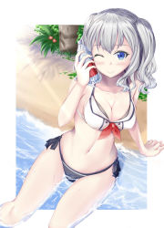 Rule 34 | 10s, 1girl, ;), adapted costume, alternate costume, arm support, ayakase hotaru, beach, bikini, blue eyes, blush, bottle, breasts, cleavage, coconut tree, front-tie top, highres, kantai collection, kashima (kancolle), long hair, looking at viewer, navel, one eye closed, palm tree, partially submerged, sailor bikini, sailor collar, sand, silver hair, sitting, smile, soda bottle, solo, swimsuit, tree, twintails, water, wavy hair