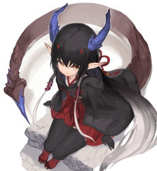 Rule 34 | black cloak, black hair, black thighhighs, blue horns, cloak, closed mouth, crack, dragon girl, dragon horns, dragon tail, gradient hair, hood, hood down, hooded cloak, horns, looking at viewer, multicolored hair, multiple horns, original, pointy ears, red horns, sitting, taba comya, tail, talons, thighhighs, white hair, yellow eyes