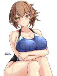 Rule 34 | 1girl, arms under breasts, black one-piece swimsuit, blue one-piece swimsuit, blush, breast hold, breast rest, breasts, brown hair, carrying, competition swimsuit, crossed arms, dated, flipped hair, green eyes, highleg, highleg swimsuit, highres, impossible clothes, impossible swimsuit, kantai collection, large breasts, looking at viewer, montemasa, multicolored clothes, multicolored swimsuit, mutsu (kancolle), one-hour drawing challenge, one-piece swimsuit, short hair, simple background, smile, solo, swimsuit, twitter username, two-tone swimsuit, wet, wet clothes, wet swimsuit