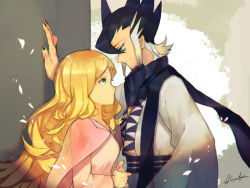 Rule 34 | 1boy, 1girl, against wall, artist name, bad id, bad pixiv id, black hair, black nails, blonde hair, blue eyes, caitlin (pokemon), creatures (company), dress, elite four, game freak, green eyes, grimsley (pokemon), hand on wall, height difference, highres, japanese clothes, kabedon, kimono, long dress, long hair, looking at another, nail polish, nintendo, petals, pokemon, pokemon bw, pokemon sm, scarf, short hair, signature, spiked hair, xuefei (snowdrop)