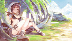 Rule 34 | 1girl, animal, ankle boots, belt, bikini, bird, black bikini, black footwear, black gloves, black hair, black skirt, blue sky, boots, breasts, cleavage, cloud, dagger, day, fantasy, fingerless gloves, full body, gloves, grass, holding, holding sword, holding weapon, hood, knife, legs apart, long hair, long sword, looking at viewer, medium breasts, moss, original, outdoors, parted lips, pink eyes, plant, pleated skirt, sibyl, skeleton, skirt, sky, smile, solo, swimsuit, sword, thigh strap, unsheathed, very long hair, weapon