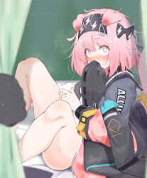 Rule 34 | 1girl, animal ears, arknights, black bracelet, black coat, black hairband, blush, bottomless, bow, cat ears, cat girl, caught, coat, constricted pupils, embarrassed, female masturbation, floppy ears, goldenglow (arknights), hair bow, hairband, highres, hood, hooded coat, infection monitor (arknights), jacket, lightning bolt print, looking at another, masturbation, multicolored clothes, multicolored jacket, panties, pcaccount13, pink coat, pink hair, pink jacket, pov, print hairband, sitting, smelling, smelling clothes, surprised, sweat, two-tone jacket, underwear, unworn panties, wide-eyed