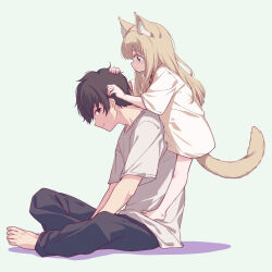 Rule 34 | 1boy, 1girl, 40hara, animal ears, barefoot, blonde hair, cat ears, cat girl, cat tail, closed mouth, commentary request, from side, grabbing another&#039;s hair, hands on another&#039;s head, height difference, highres, holding another&#039;s hair, kinako (40hara), light smile, long hair, long shirt, on person, original, profile, shadow, shirt, simple background, sitting, t-shirt, tail, tail raised, tsukioka (40hara), white background, white shirt
