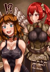 Rule 34 | !?, 2girls, absurdres, bare shoulders, blue eyes, blush, breast tattoo, breasts, brown hair, choker, cleavage, commission, crossover, detached sleeves, embarrassed, english text, eunie (xenoblade), fire emblem, fire emblem awakening, head wings, highres, large breasts, medium breasts, multiple girls, nintendo, oniisan02b, open mouth, red eyes, red hair, severa (fire emblem), skeb commission, surprised, tattoo, twintails, wings, xenoblade chronicles (series), xenoblade chronicles 3