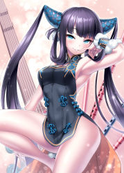 Rule 34 | 1girl, armpits, bare shoulders, black dress, blue eyes, blunt bangs, blush, breasts, china dress, chinese clothes, cleavage, detached sleeves, dress, fate/grand order, fate (series), flute, hair ornament, instrument, knee up, long hair, looking at viewer, medium breasts, parted lips, pink background, pipa (instrument), smile, solo, thighs, twintails, very long hair, yang guifei (fate), yang guifei (second ascension) (fate), zen