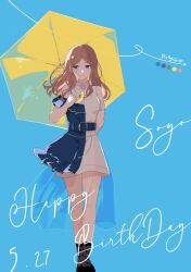 Rule 34 | 1girl, absurdres, bang dream!, bang dream! it&#039;s mygo!!!!!, black socks, blue background, blue dress, blue eyes, brown hair, closed mouth, clothing cutout, collared dress, commentary request, cursive, dress, earrings, english text, happy birthday, highres, holding, holding umbrella, jewelry, long hair, looking at viewer, nagasaki soyo, necklace, see-through, see-through skirt, shoulder cutout, simple background, skirt, smile, socks, solo, two-tone dress, umbrella, watanuki (enu), white dress, yellow umbrella