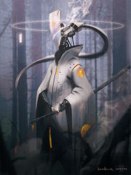 Rule 34 | clothed robot, esuthio, forest, highres, holding, holding sword, holding weapon, humanoid robot, katana, long hair, nature, no humans, non-humanoid robot, original, ponytail, robot, science fiction, sheath, sheathed, solo, sword, weapon