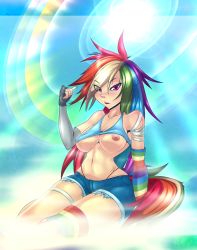 Rule 34 | 1girl, blush, breasts, curvy, highres, kaxlene, long hair, my little pony, navel, nipples, open mouth, purple eyes, rainbow dash, sitting, solo, tagme, tail, very long hair, wide hips