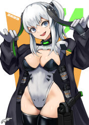 Rule 34 | 1girl, 2023, animal ears, blue eyes, breasts, chinese zodiac, commentary, english commentary, explosive, fake animal ears, grenade, gun, happy new year, highleg, highleg leotard, highres, holster, large breasts, leotard, long coat, looking at viewer, new year, nontraditional playboy bunny, original, playboy bunny, rabbit ears, science fiction, shrug (clothing), side ponytail, smile, solo, strapless, strapless leotard, sunao (70 the), thigh holster, thighhighs, weapon, white hair, year of the rabbit