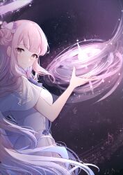 Rule 34 | 1girl, absurdres, blue archive, capelet, closed mouth, dress, elanore, hair bun, halo, highres, long hair, looking at viewer, mika (blue archive), musical note, pink hair, pink halo, single hair bun, single side bun, smile, solo, white capelet, white dress, yellow eyes