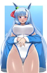 Rule 34 | 1girl, a.nori, absurdres, alternate costume, animal ears, artist name, blue hair, blue jacket, blush, border, braid, breasts, commentary request, competition swimsuit, cowboy shot, crown braid, ear ornament, from below, gradient background, highleg, highleg swimsuit, highres, horse ears, horse girl, jacket, jacket partially removed, large breasts, light blue hair, long hair, mejiro ardan (umamusume), one-piece swimsuit, open mouth, outside border, purple eyes, smile, solo, swimsuit, thigh gap, umamusume, very long hair, white border, white one-piece swimsuit