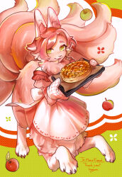 Rule 34 | 1girl, :3, animal ears, apple, apron, artist name, body fur, bow, bright pupils, centauroid, claws, commission, fangs, food, fox ears, fox girl, fox tail, frilled sleeves, frills, fruit, full body, furry, furry female, green background, green eyes, hands up, highres, hogara, holding, holding tray, kitsune, kyuubi, looking at viewer, multicolored background, multicolored hair, multiple tails, neck fur, open mouth, original, oven mitts, pie, pink fur, pink hair, short hair, skeb commission, solo, streaked hair, tail, taur, tray, waist apron, waist bow, white background, white hair, white pupils