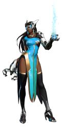 Rule 34 | 1girl, absurdres, alpha transparency, arnold tsang, black hair, black thighhighs, breasts, brown hair, contrapposto, dark-skinned female, dark skin, full body, headgear, high heels, highres, large breasts, lips, long hair, mole, nail polish, official art, overwatch, overwatch 1, pelvic curtain, pixels, solo, standing, symmetra (overwatch), thighhighs, transparent background, visor