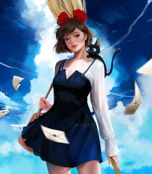 Rule 34 | 1girl, aged up, alternate costume, animal, animal on shoulder, black cat, blue dress, blue sky, bow, breasts, broom, brown eyes, brown hair, cat, cloud, commentary, contrail, cowboy shot, day, dress, english commentary, facing viewer, hair bow, jiji (majo no takkyuubin), jyundee, kiki (majo no takkyuubin), letter, looking at viewer, mailbag, majo no takkyuubin, medium breasts, motion blur, outdoors, parted lips, realistic, red bow, shirt, short dress, short hair, sky, sleeves past wrists, standing, swept bangs, white shirt
