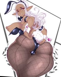 Rule 34 | 1girl, absurdres, animal ears, ass, blush, breasts, curvy, dark-skinned female, dark elf, dark skin, elf, elf-san wa yaserarenai., eyelashes, fake animal ears, female focus, fishnet pantyhose, fishnets, forehead, hairband, highres, huge ass, huge breasts, kuroeda (elf-san wa yaserarenai.), leotard, lips, long hair, looking at viewer, nipples, pantyhose, parted lips, playboy bunny, plump, pointy ears, rabbit ears, red eyes, ricechan, shiny clothes, simple background, skindentation, solo, strapless, thick thighs, thighs, thong, watermark, wavy hair, wide hips