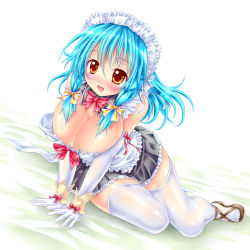 Rule 34 | 1girl, :d, blue hair, bow, braid, breasts squeezed together, breasts, brown eyes, cleavage, elbow gloves, gloves, hair bow, highres, kogarashi (wind of winter), large breasts, maid, maid headdress, open mouth, original, shoes, smile, solo, thighhighs, twin braids, v arms, white thighhighs, zettai ryouiki