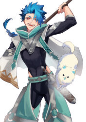Rule 34 | 1boy, absurdres, black bodysuit, black wristband, blue hair, bodysuit, bodysuit under clothes, braid, braided ponytail, clothing cutout, cu chulainn (fate), dog, fate/grand order, fate (series), haruakira, highres, holding, holding weapon, long hair, male focus, o-ring, open mouth, over shoulder, puffy pants, red eyes, samoyed (dog), setanta (fate), sheath, simple background, spiked hair, teeth, thigh cutout, weapon, weapon over shoulder, white background, white dog