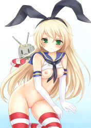Rule 34 | 10s, 1girl, blonde hair, breasts, clothes lift, elbow gloves, gloves, gradient background, green eyes, innertube, kantai collection, long hair, medium breasts, navel, nikoo, nipples, no panties, personification, pussy, rensouhou-chan, shimakaze (kancolle), shirt lift, simple background, striped clothes, striped thighhighs, swim ring, thighhighs, uncensored