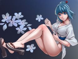 Rule 34 | 1girl, bare legs, blue eyes, blue hair, breasts, character request, cleavage, clog sandals, closed mouth, collarbone, feet, flower, from side, full body, hair ornament, hair stick, japanese clothes, large breasts, looking at viewer, looking to the side, monster farm, no panties, obi, sandals, sash, short hair, smile, solo, thighs, tkln, toes, wide sleeves, zouri